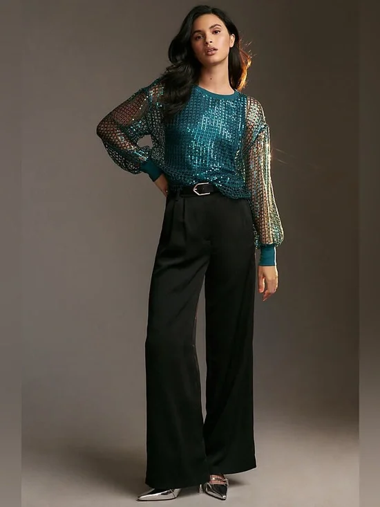 Pilcro Teal Sequin Mesh Jersey Long-Sleeve Top - Picture 4 of 16